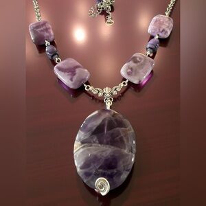 Natural Amethyst Gemstone Pendant Necklace with Purple Oval & Rectangle Beads